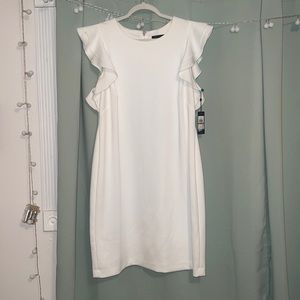 Tommy Hilfiger Scuba Crew Neck Flutter Ruffle Cap Sleeve Sheath Dress